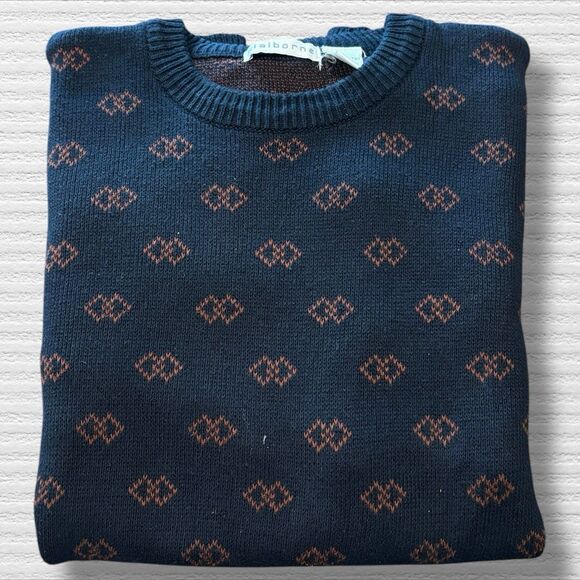 Vtg Claiborne Sweater Mens XL Navy Red Geometric Grandpa Knit Hong Kong 90s - Picture 2 of 8